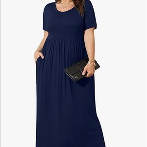 BISHUIGE Women Summer 2XL Plus Size Maxi Dress Navy Blue with Pockets